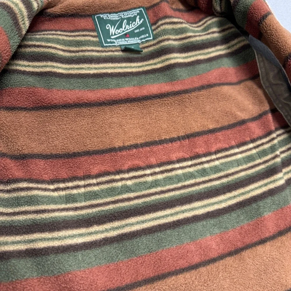 Woolrich Vest Mens M Tan Canvas Striped Fleece Lined Full Zip Rugged Workwear